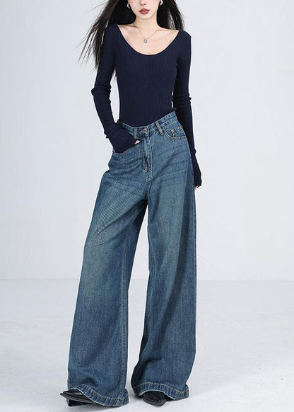 Women Blue Pockets High Waist Denim Wide Leg Pants Winter RS041