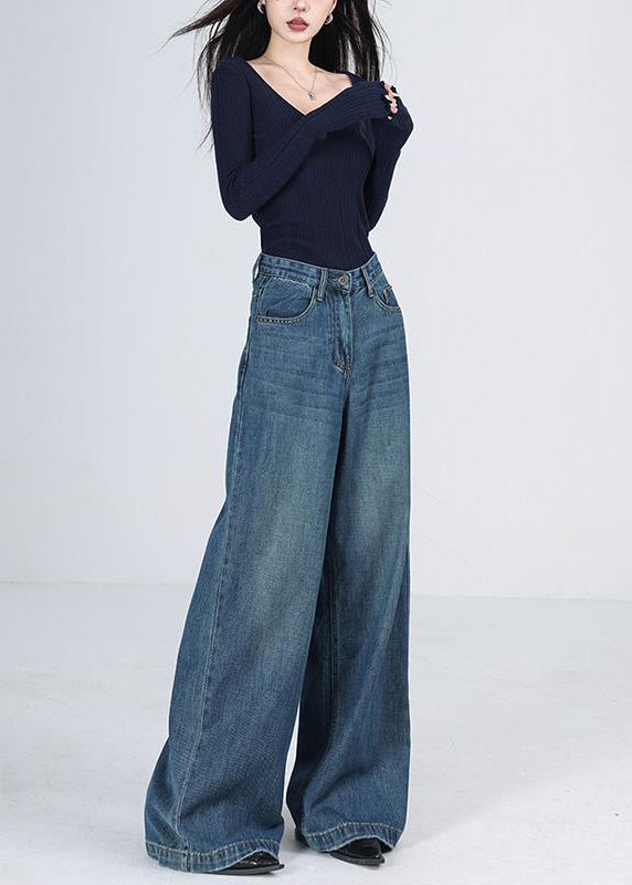 Women Blue Pockets High Waist Denim Wide Leg Pants Winter RS041