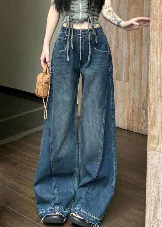 Women Blue Zip Up Pockets Denim Wide Leg Pants Summer PP017