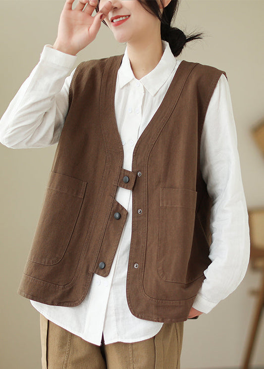 Women Brown V Neck Pockets Patchwork Cotton Vest Sleeveless TI025