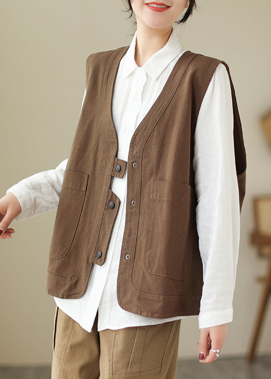 Women Brown V Neck Pockets Patchwork Cotton Vest Sleeveless TI025