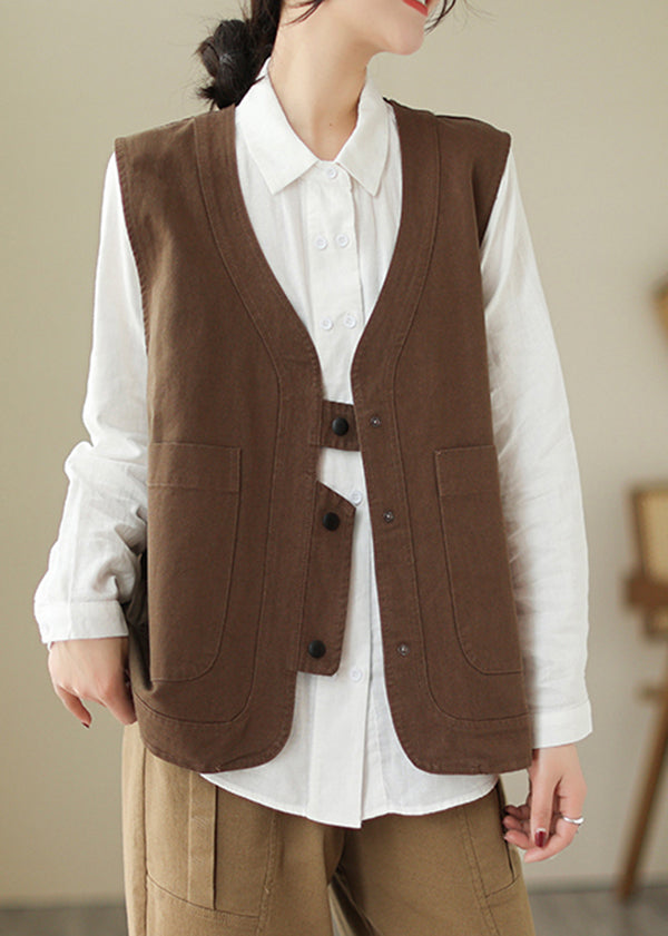 Women Brown V Neck Pockets Patchwork Cotton Vest Sleeveless TI025