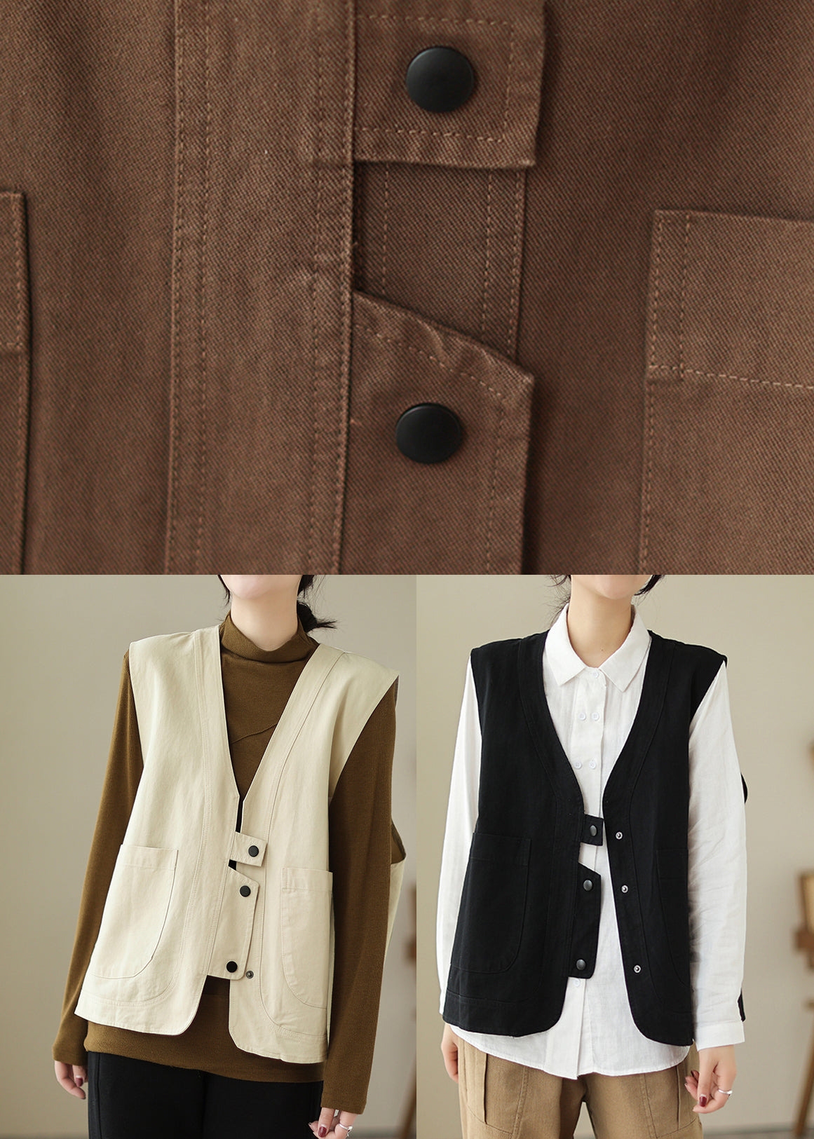 Women Brown V Neck Pockets Patchwork Cotton Vest Sleeveless TI025