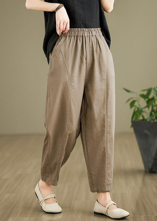 Women Camel Pockets Elastic Waist Cotton Pants Fall QO051