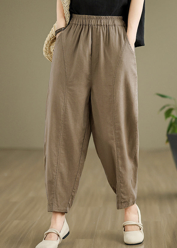 Women Camel Pockets Elastic Waist Cotton Pants Fall QO051