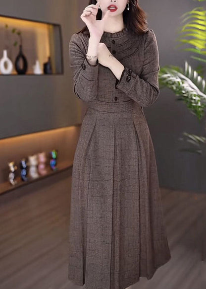 Women Coffee Patchwork Button Maxi Dress Spring RF033