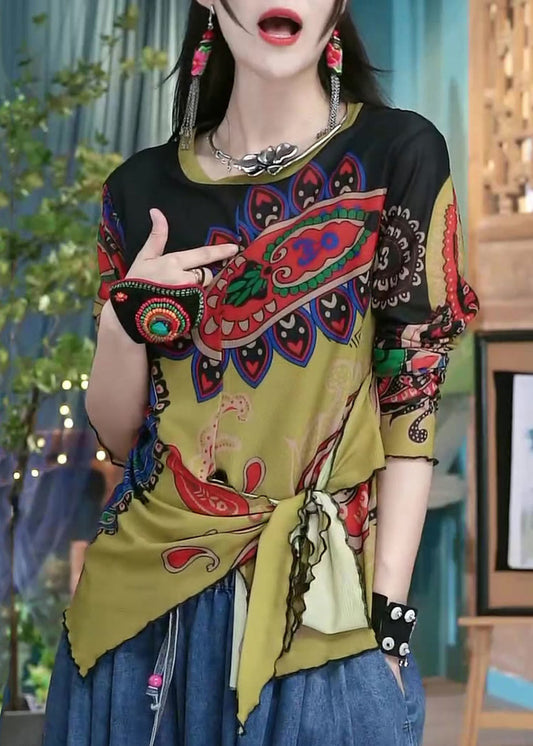 Women Colorblock Print Lace Up Cotton Top Long Sleeve ZL028