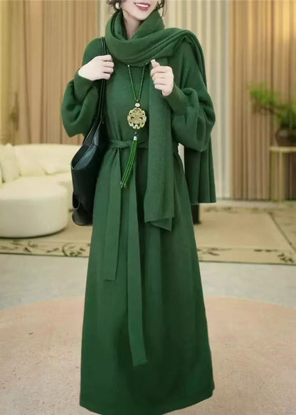 Women Green Cozy Solid Long Knit Dress Winter WM031