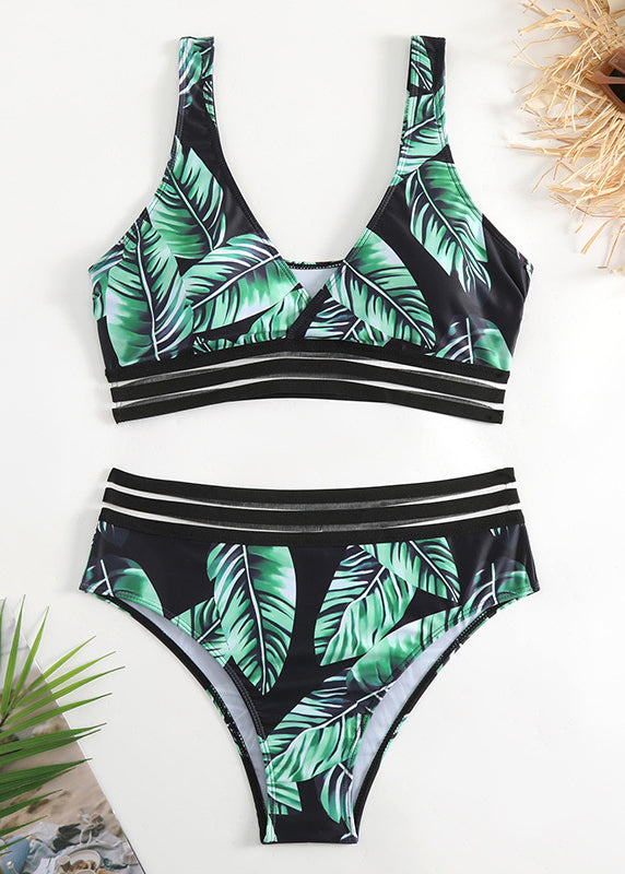 Women Green Leaf Printed High Waisted Split Bikini Swimwear Set GF044