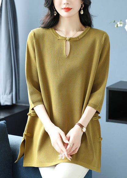 Women Green O Neck Oriental Button Ice Silk Knit Top Spring RL038