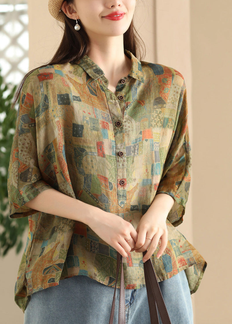 Women Green Peter Pan Collar Print Button Linen Shirt Summer LK028