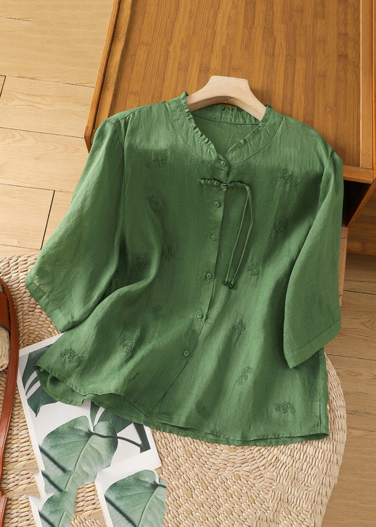 Women Green Stand Collar Embroidered Shirts Summer AP030