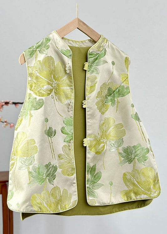 Women Green Stand Collar Print Button Satin Waistcoat Fall AG1041