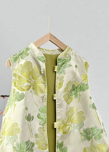 Women Green Stand Collar Print Button Satin Waistcoat Fall AG1041