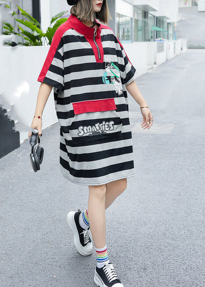 Women Green Stand Collar Striped Patchwork Cotton Mid Dress Summer TR008