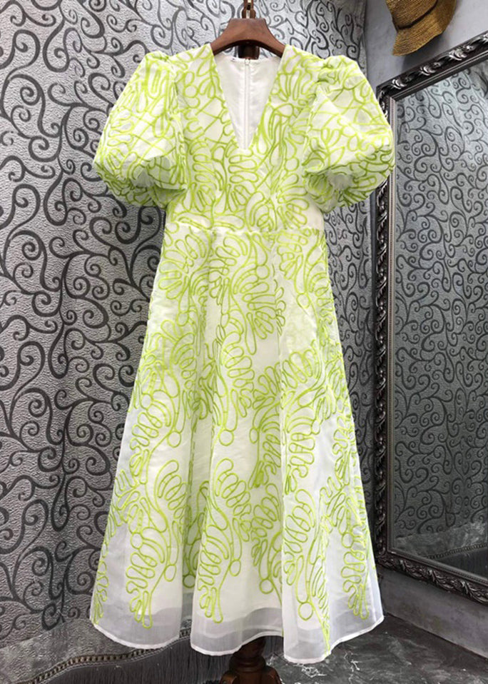 Women Green V Neck Embroidered Cotton Mid Dress Summer ZL079