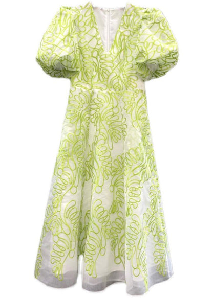 Robe mi-longue en coton brodée à col en V pour femme, verte, été, ZL079