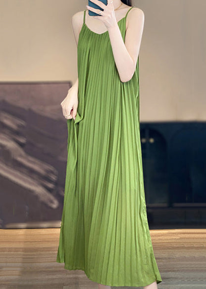 Women Green Wrinkled Solid Cotton Spaghetti Strap Dress Sleeveless AB1013