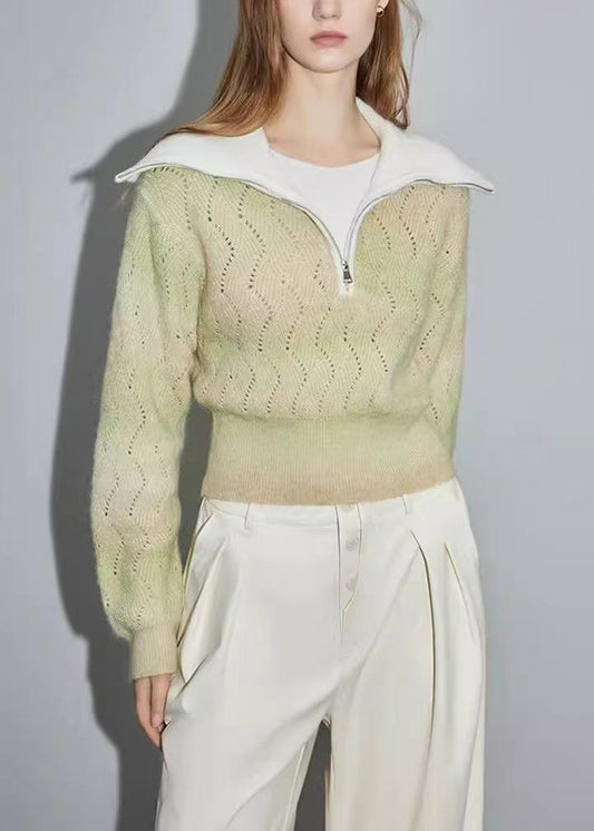 Pull en laine tricoté vert à fermeture éclair et ajouré pour femme, hiver WK025