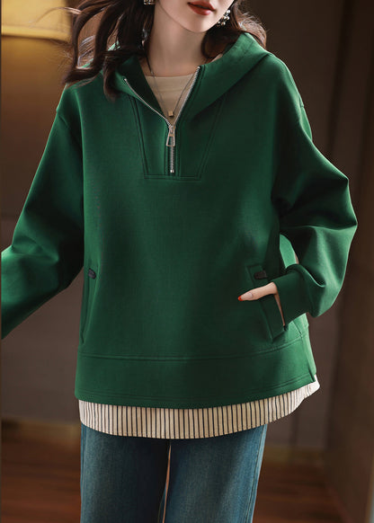 Women Green Zip Up Patchwork Hooded Cotton Pullover Streetwear Fall QI038