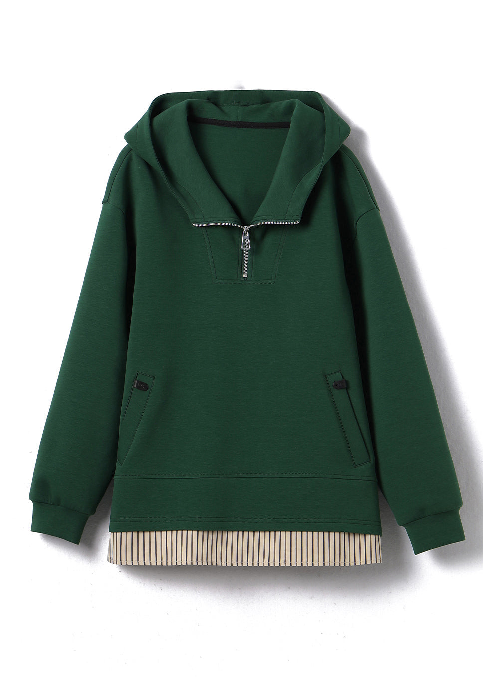 Women Green Zip Up Patchwork Hooded Cotton Pullover Streetwear Fall QI038