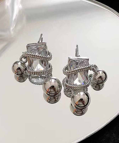 Women Grey Alloy Zircon Crystal Gem Stone Drop Earrings PO075