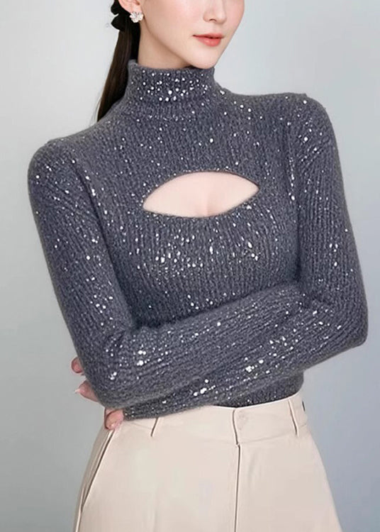 Women Grey Hign Neck Hollow Out Knit Sweater Spring TN048