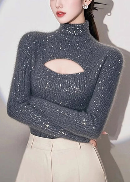 Women Grey Hign Neck Hollow Out Knit Sweater Spring TN048