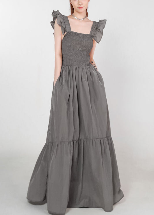 Women Grey Pockets High Waist Cotton Long Dress Summer ZL074