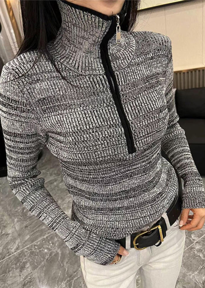 Women Grey Striped Zippered Zippered Cotton Knit Sweater Spring TO028