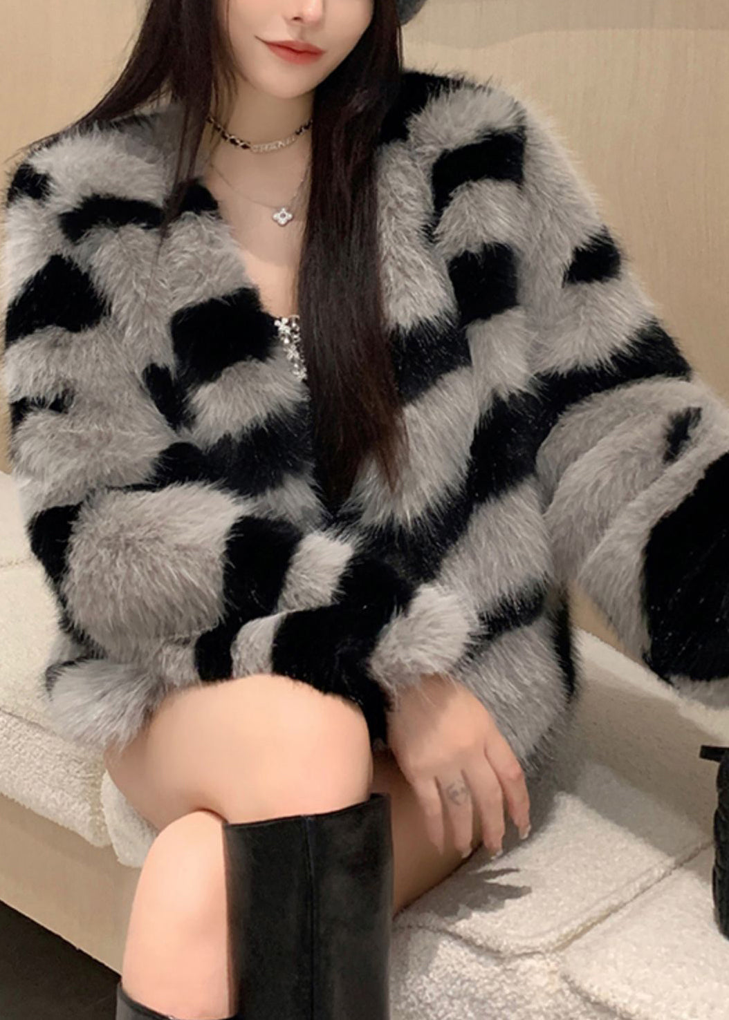 Women Grey V Neck Striped Fuzzy Fur Fluffy Coat Winter RH036