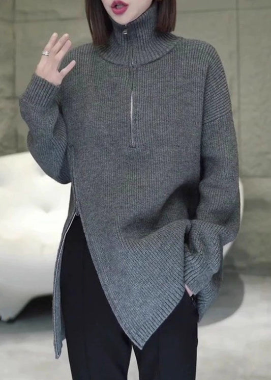 Women Grey Zip Up Asymmetrical Loose Knit Sweaters Spring YY003