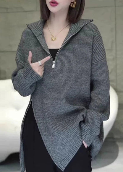 Women Grey Zip Up Asymmetrical Loose Knit Sweaters Spring YY003