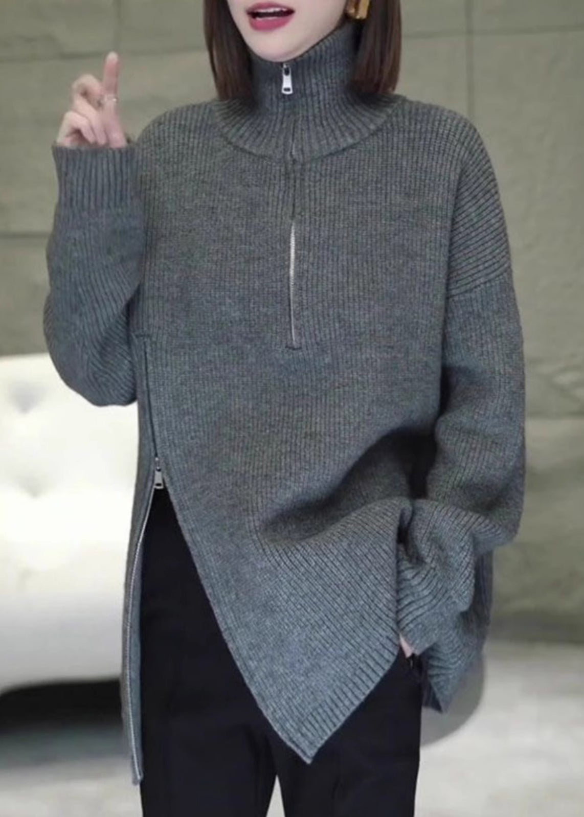 Women Grey Zip Up Asymmetrical Loose Knit Sweaters Spring YY003