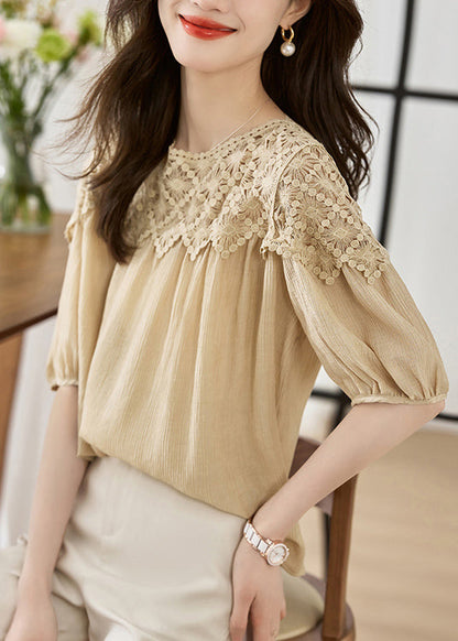 Women Khaki O Neck Lace Patchwork Cotton Top Lantern Sleeve TH033