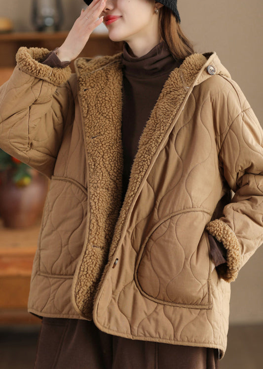 Women Khaki Oversized Fleece Wool Lined Hooded Jacket Spring TN011