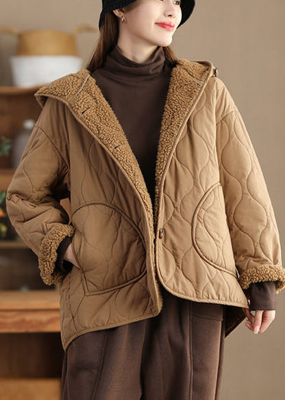 Women Khaki Oversized Fleece Wool Lined Hooded Jacket Spring TN011