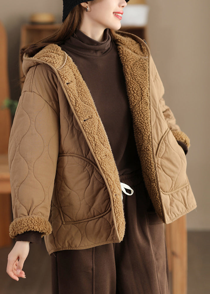 Women Khaki Oversized Fleece Wool Lined Hooded Jacket Spring TN011