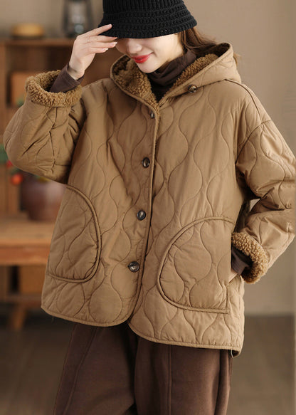 Women Khaki Oversized Fleece Wool Lined Hooded Jacket Spring TN011