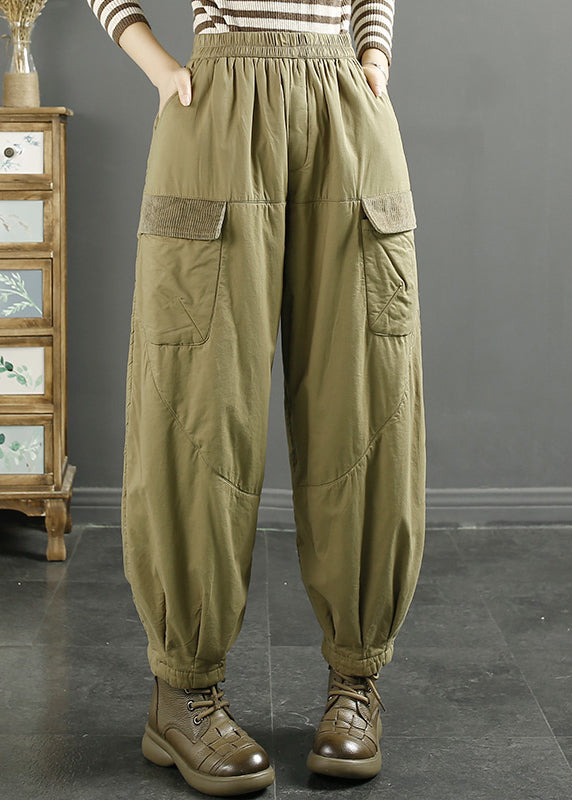 Women Khaki Pockets Elastic Waist Fine Cotton Filled Pants Winter RU016