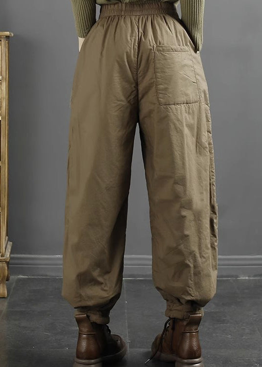 Women Khaki Pockets Elastic Waist Fine Cotton Filled Pants Winter RU016