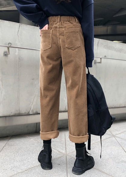 Women Khaki Pockets High Waist Warm Fleece Pants Fall TU032