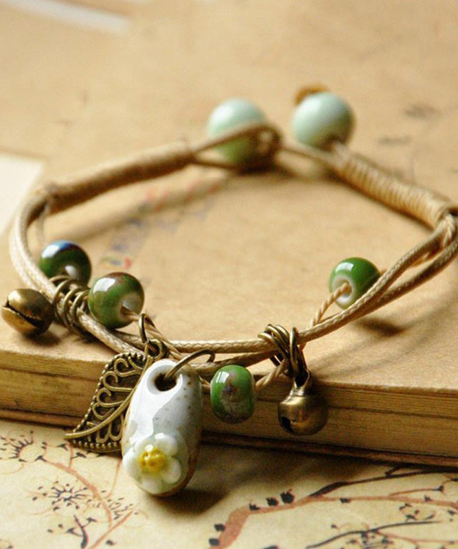 Women Khaki Sterling Silver Woven Ceramics Charm Bracelet TS025