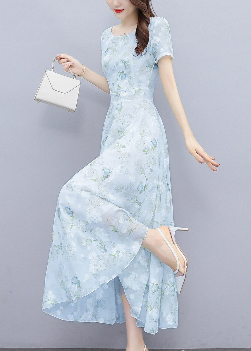 Women Light Blue Print Silm Fit Chiffon Long Dresses Summer OO024