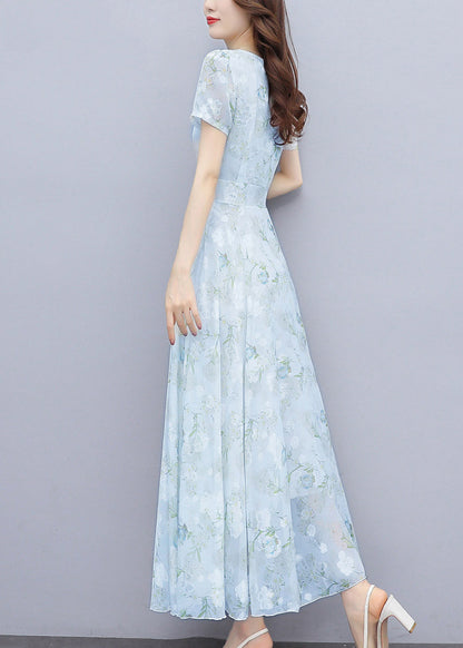 Women Light Blue Print Silm Fit Chiffon Long Dresses Summer OO024