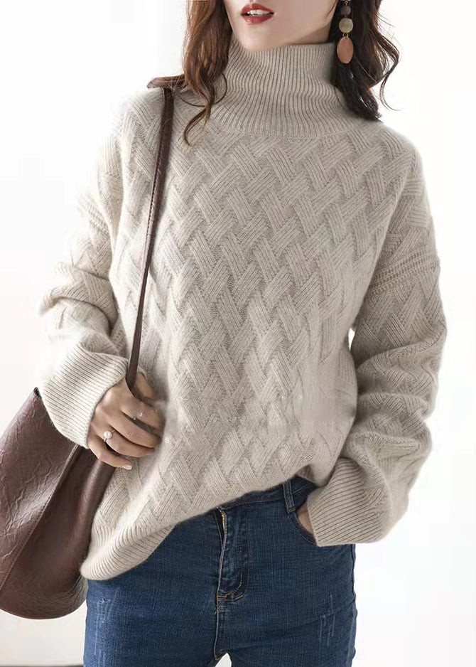 Women Light Camel Turtleneck Plaid Wool Knit Sweaters Spring TF001