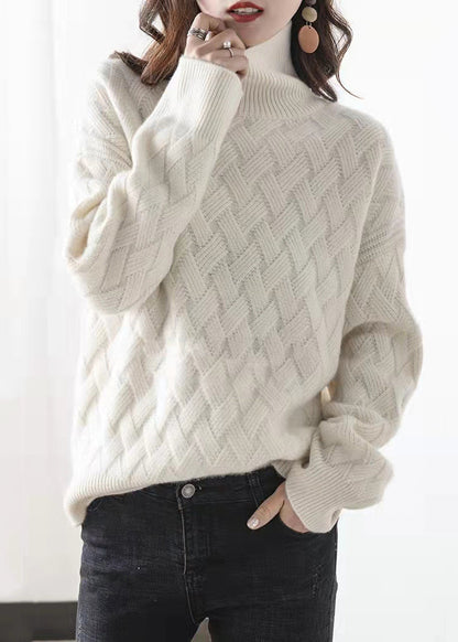 Women Light Camel Turtleneck Plaid Wool Knit Sweaters Spring TF001