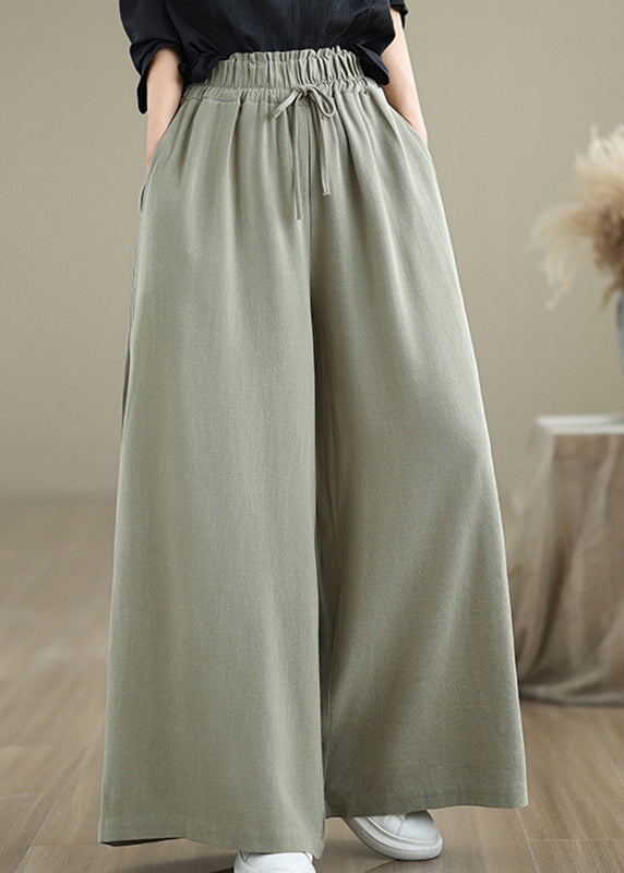 Women Light Green Pockets Elastic Waist Cotton Pants Fall QO046