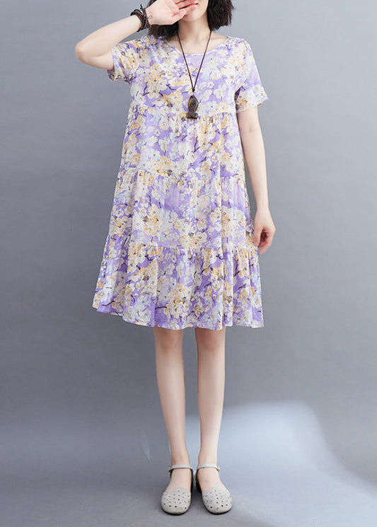 Robe mi-longue à imprimé patchwork violet clair pour femme, manches courtes, VB1015