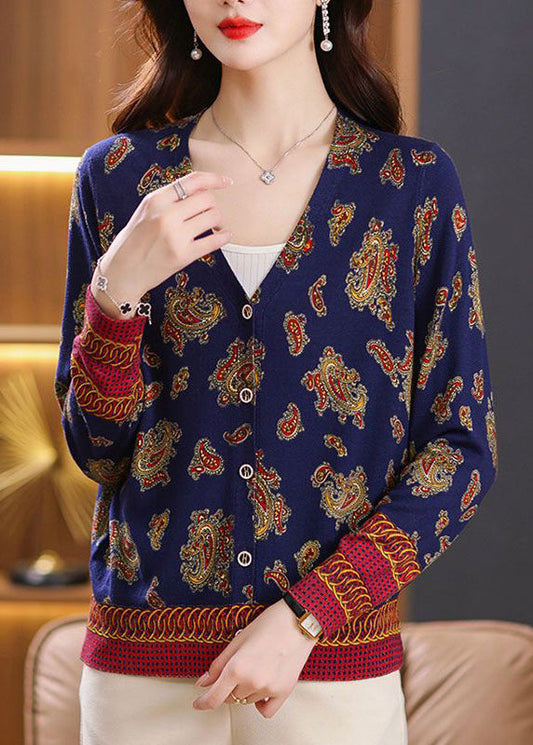 Women Navy Button Print Cozy Knit Cardigan Spring TB008